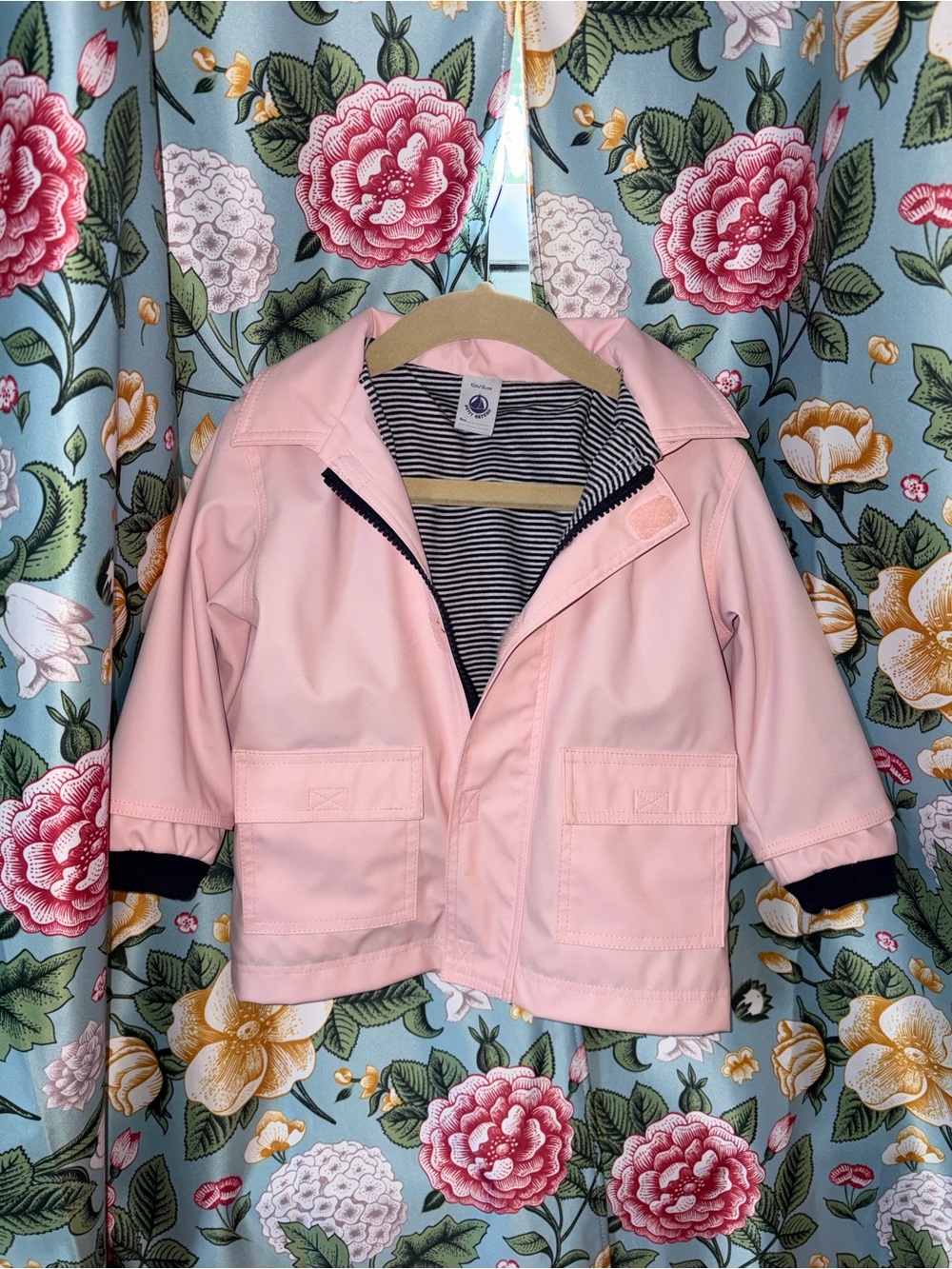 Petit Bateau 🩰 Pink Hooded Raincoat with Striped Lining
